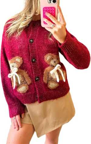 Women Button Down Cardigan Sweaters Cute Bow Bear Knitted Pattern Casual Fall Winter Cardigan Coats