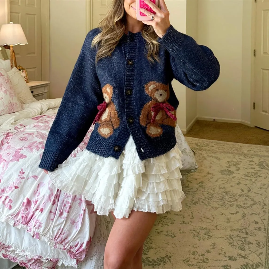 Women Button Down Cardigan Sweaters Cute Bow Bear Knitted Pattern Casual Fall Winter Cardigan Coats