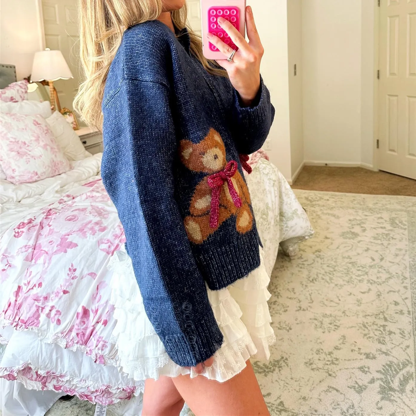 Women Button Down Cardigan Sweaters Cute Bow Bear Knitted Pattern Casual Fall Winter Cardigan Coats