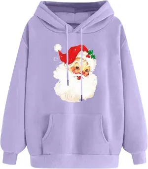 Women Christmas Retro Santa Claus Hooded Sweatshirts Crewneck Long Sleeve Fleece Hoodies Pullover Tops with Pocket
