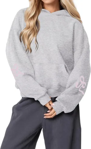 Women Cute Bow Hoodie Graphic Print Oversized Hooded Sweatshirts Long Sleeve Fleece Pullover Hoodie Tops with Pocket
