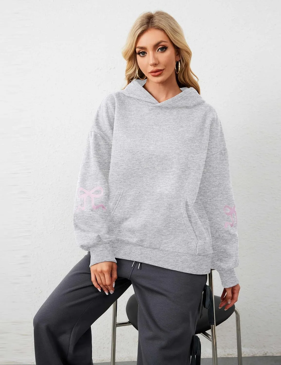 Women Cute Bow Hoodie Graphic Print Oversized Hooded Sweatshirts Long Sleeve Fleece Pullover Hoodie Tops with Pocket