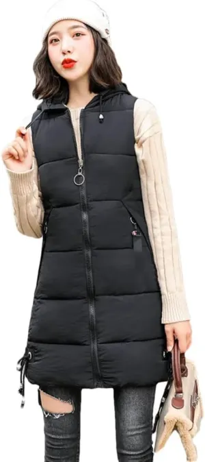 Women Down Cotton Vest Jacket Long Hooded Cotton-Padded Coat Female Waistcoat Padded Puffer Parkas