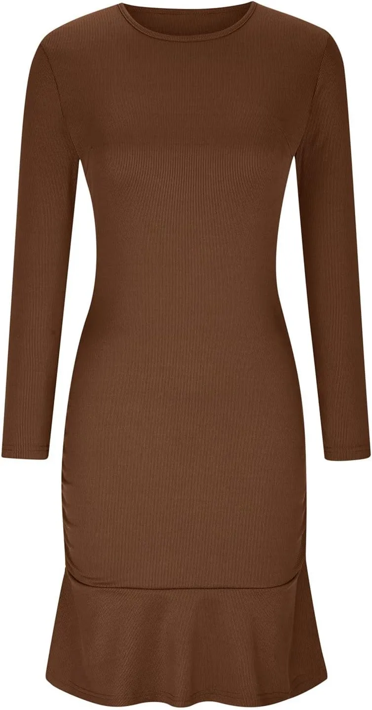 Women Fall Dresses Long Sleeve Ruched Ruffle Mini Dress Casual Knitted Sweater Dress 2024 Trendy Clothing