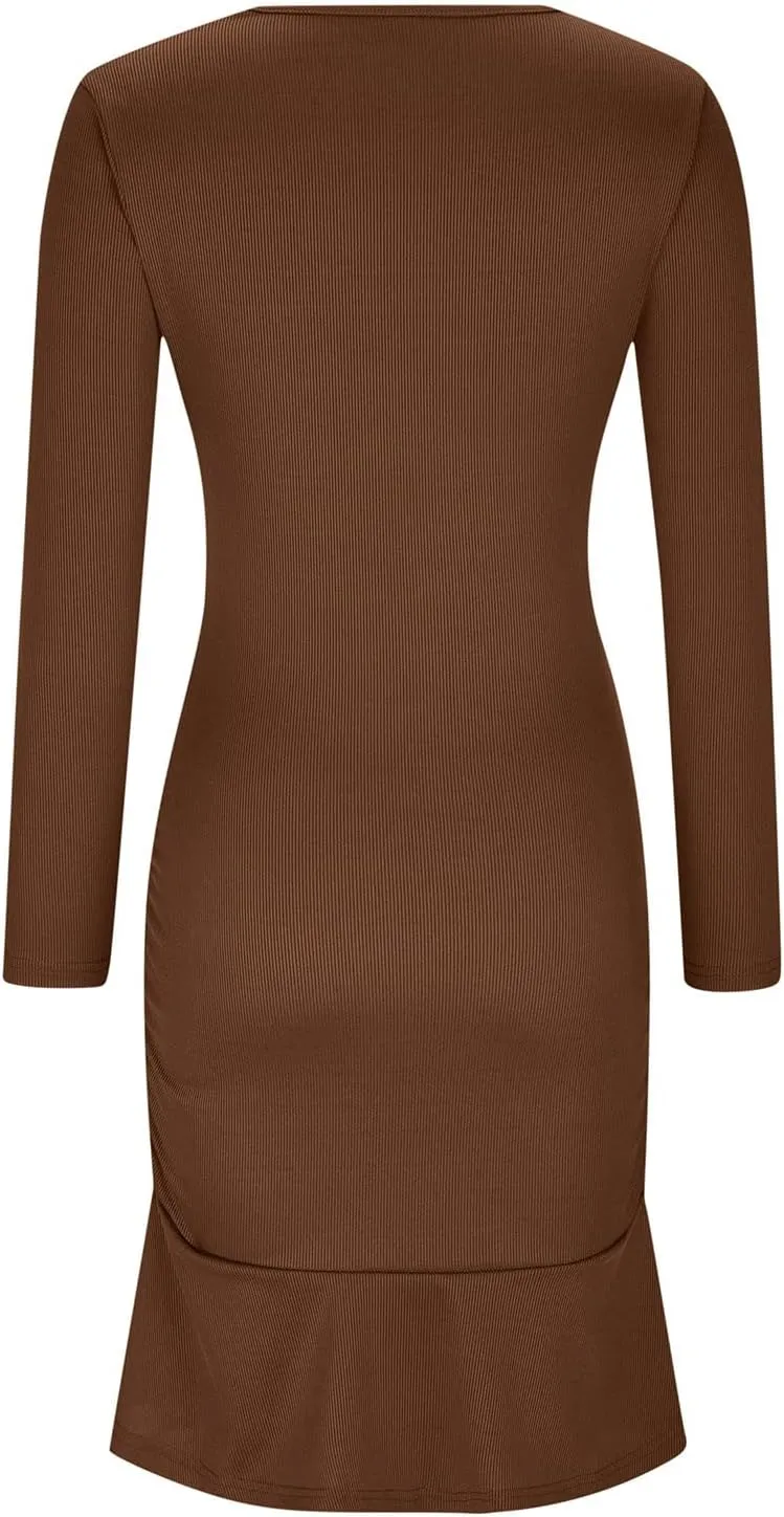 Women Fall Dresses Long Sleeve Ruched Ruffle Mini Dress Casual Knitted Sweater Dress 2024 Trendy Clothing