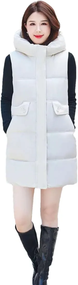Women Korean Casual Down Cotton Vests Long Hooded Waistcoat Winter Cotton-Padded Jacket Coat Fashion Sleeveless Vests