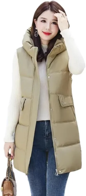 Women Korean Casual Down Cotton Vests Long Hooded Waistcoat Winter Cotton-Padded Jacket Coat Fashion Sleeveless Vests