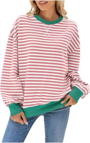 Women Long Sleeve Oversized Sweatshirts Striped Colors Block Pullover Tops Comfort Crewneck Hoodies Trendy Clothes