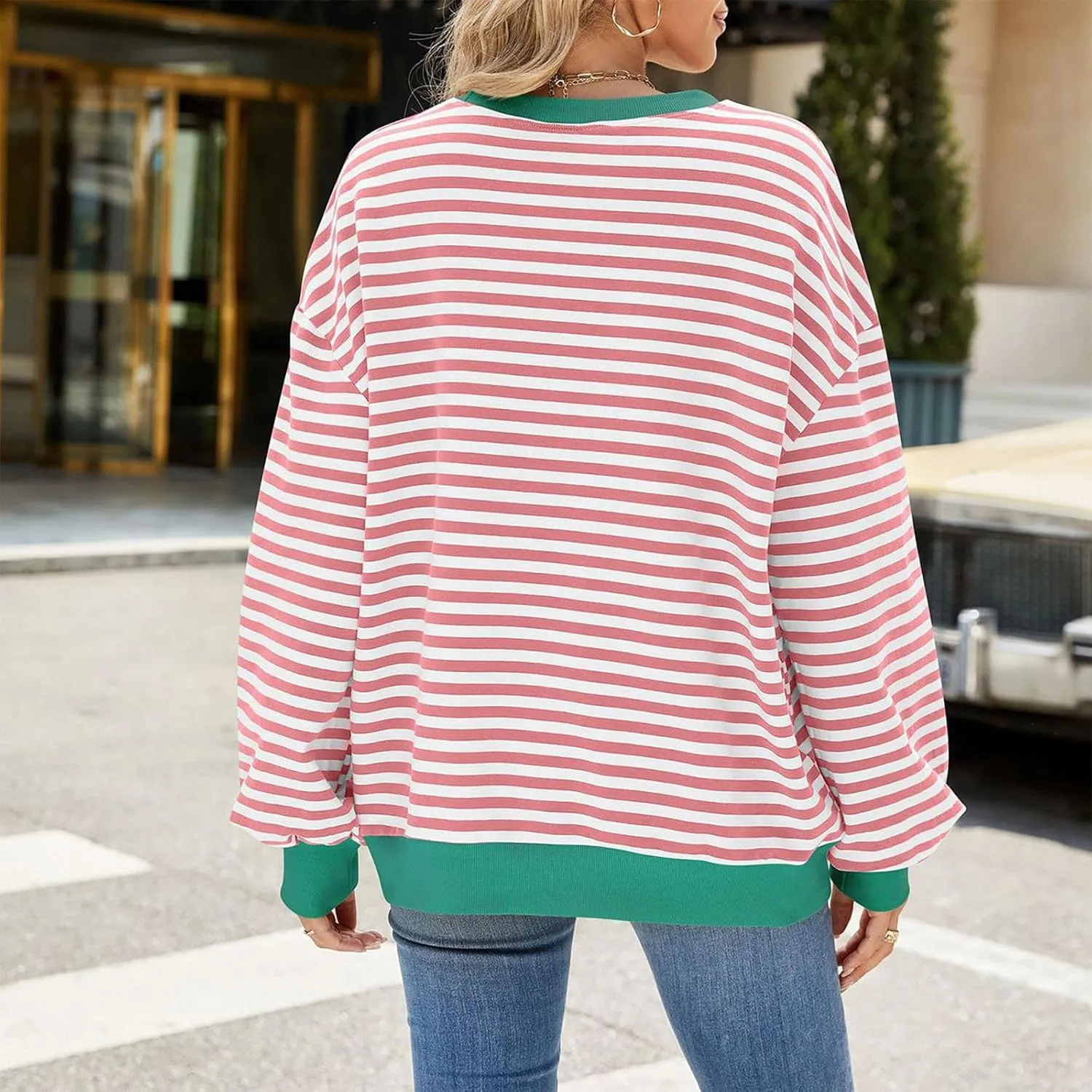 Women Long Sleeve Oversized Sweatshirts Striped Colors Block Pullover Tops Comfort Crewneck Hoodies Trendy Clothes