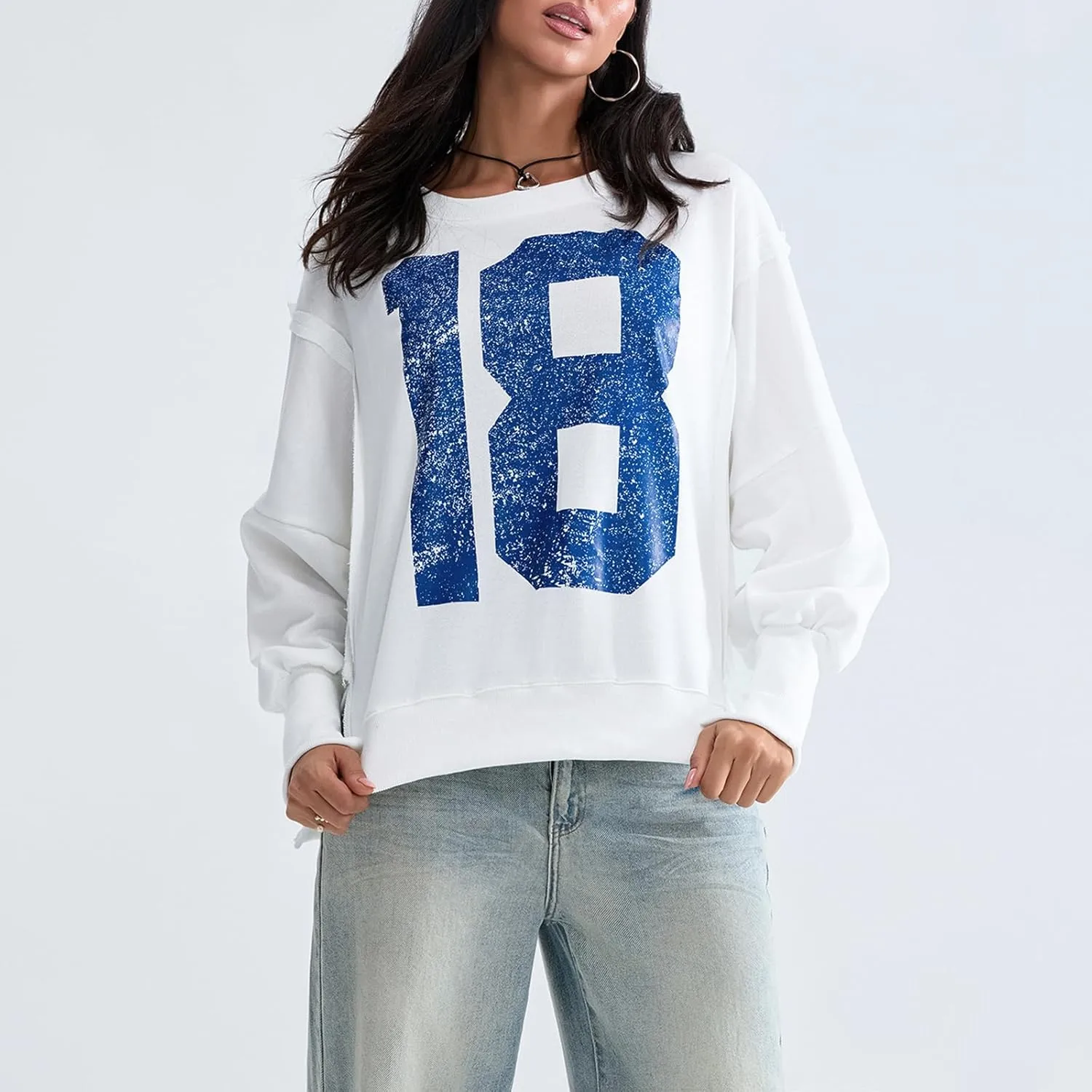 Women Oversized Graphic Sweatshirt Y2K Long Sleeve Crewneck Drop Shoulder Tee Shirt Vintage Loose Fit Pullover Tops