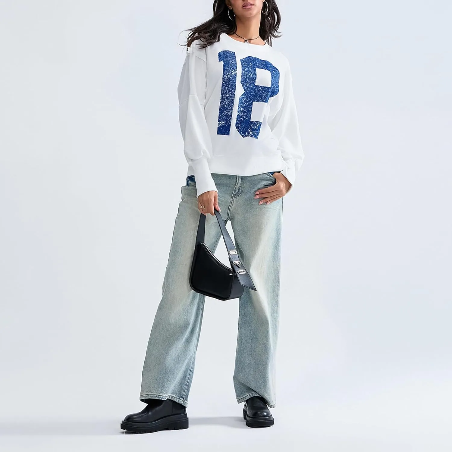 Women Oversized Graphic Sweatshirt Y2K Long Sleeve Crewneck Drop Shoulder Tee Shirt Vintage Loose Fit Pullover Tops