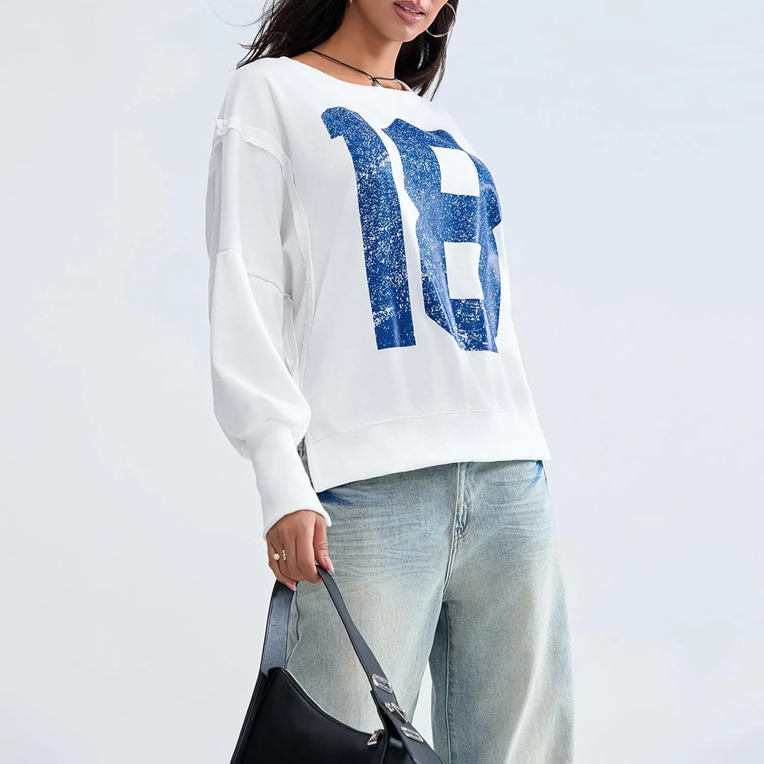 Women Oversized Graphic Sweatshirt Y2K Long Sleeve Crewneck Drop Shoulder Tee Shirt Vintage Loose Fit Pullover Tops