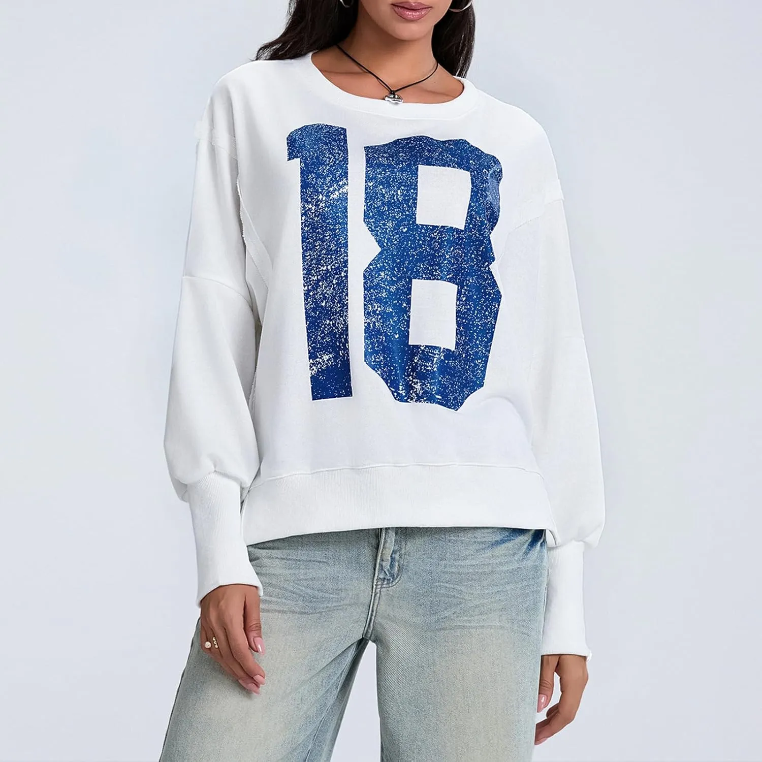 Women Oversized Graphic Sweatshirt Y2K Long Sleeve Crewneck Drop Shoulder Tee Shirt Vintage Loose Fit Pullover Tops