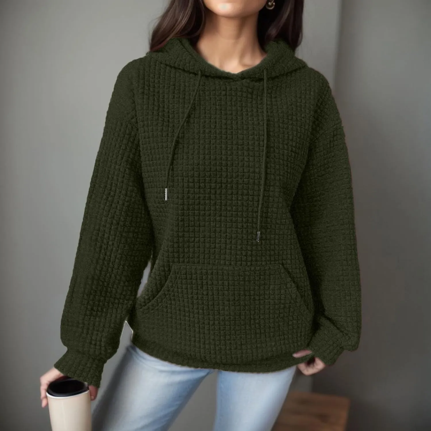 Women Oversized Hoodies Casual Basic Waffle Long Sleeve Pullover Top Solid Hooded Sweatshirt with Pocket