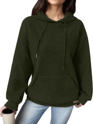 Women Oversized Hoodies Casual Basic Waffle Long Sleeve Pullover Top Solid Hooded Sweatshirt with Pocket