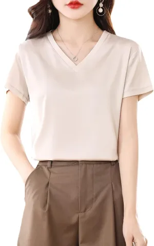 Women Silk Short Sleeve T-Shirt Exquisite V-Neck Satin Top