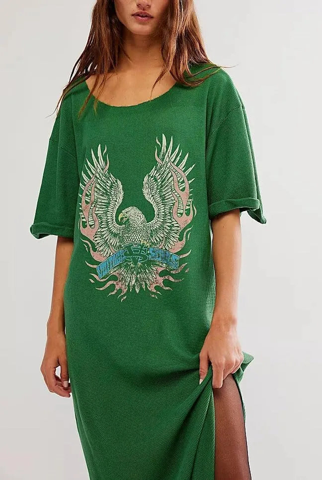 Women Summer Maxi Dress Casual Graffiti Graphic Long T-Shirt Dress Short Sleeve Crewneck Loose Split Beach Sundress