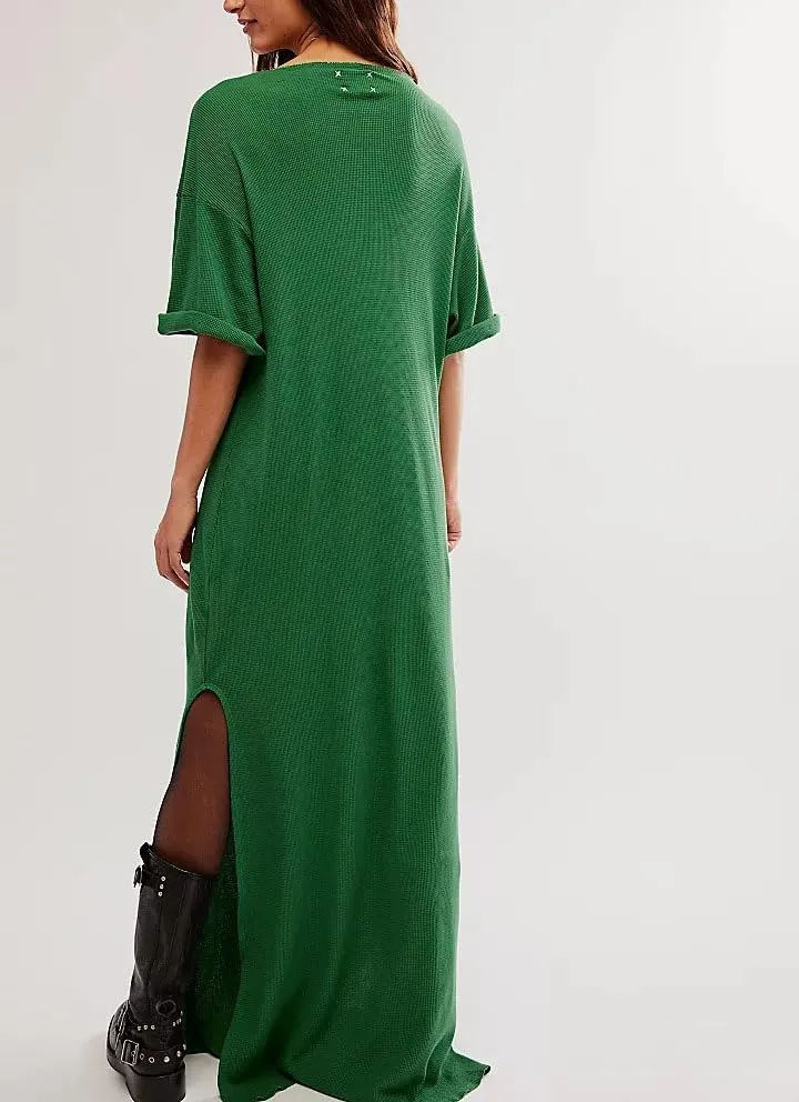 Women Summer Maxi Dress Casual Graffiti Graphic Long T-Shirt Dress Short Sleeve Crewneck Loose Split Beach Sundress