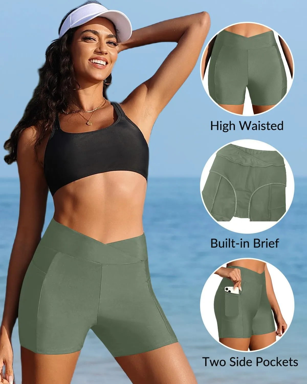 Women Swim Shorts - 4" High Waisted Swimsuit Bottoms Tummy Control 2025 Boy Shorts with Pocket
