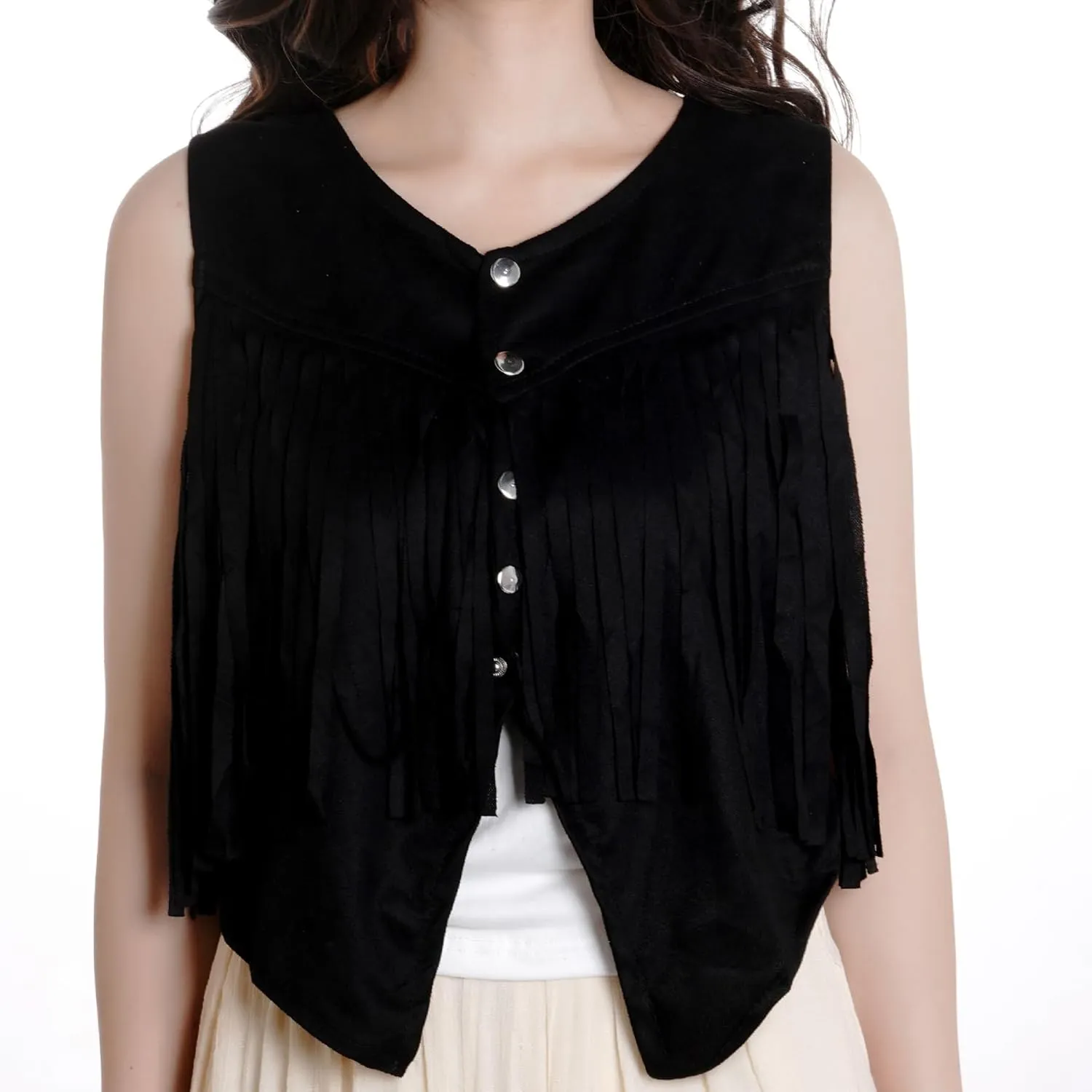 Women Tassel Vest 70s Hippie Sleeveless Faux Suede Rivets Fringe Vest Waistcoat Jacket Cowgirl Outfits