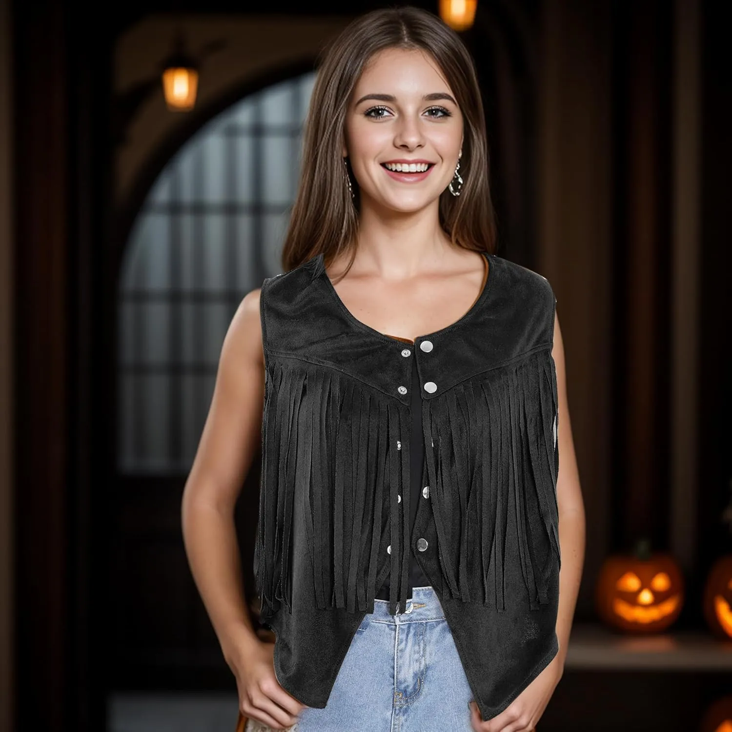 Women Tassel Vest 70s Hippie Sleeveless Faux Suede Rivets Fringe Vest Waistcoat Jacket Cowgirl Outfits