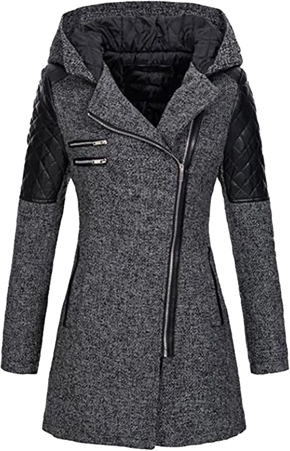Women Wool Pea Coat Long Sleeve Hooded Long Winter Warm Thick Leather Jackets Zip Up Trench Outerwears Pockets