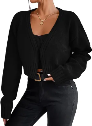 Women's 2 Piece Sweater Set Long Sleeve Cropped Cardigan Sweater Crop Top Set
