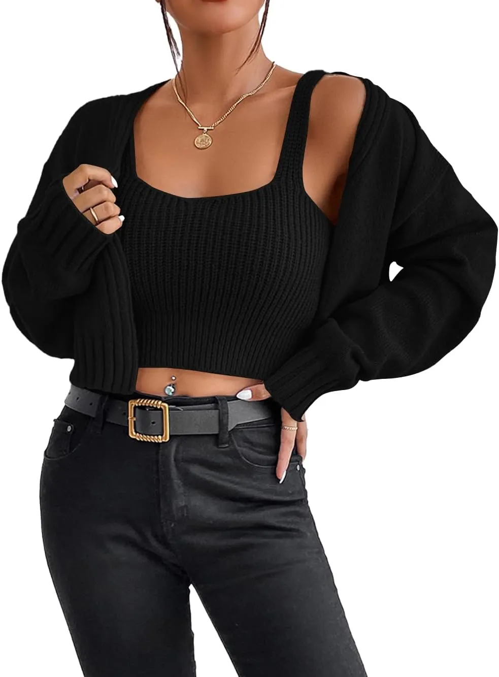 Women's 2 Piece Sweater Set Long Sleeve Cropped Cardigan Sweater Crop Top Set