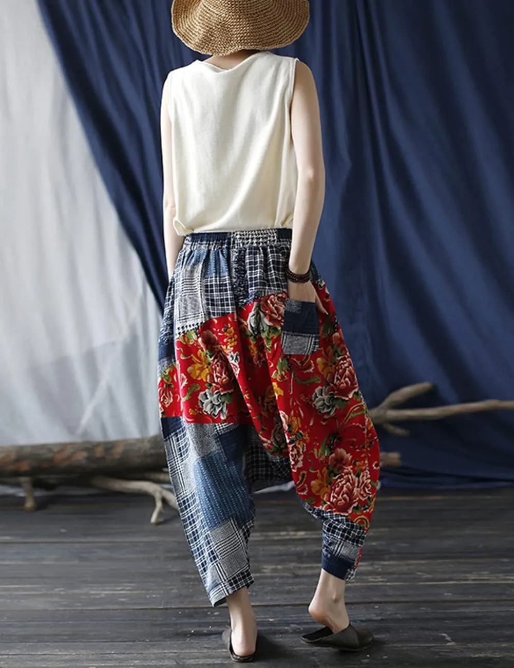 Women's Baggy Cotton Linen Wide Leg Trousers Casual Patchwork Elastic Waist Harem Pants