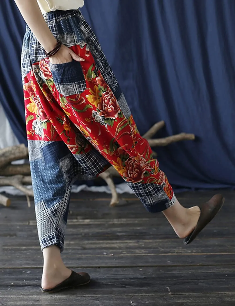 Women's Baggy Cotton Linen Wide Leg Trousers Casual Patchwork Elastic Waist Harem Pants