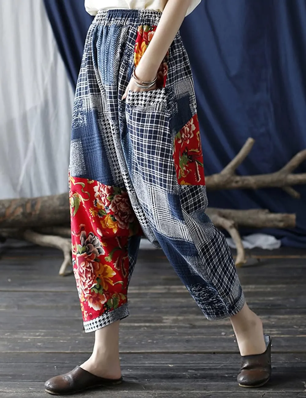 Women's Baggy Cotton Linen Wide Leg Trousers Casual Patchwork Elastic Waist Harem Pants
