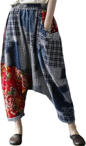 Women's Baggy Cotton Linen Wide Leg Trousers Casual Patchwork Elastic Waist Harem Pants