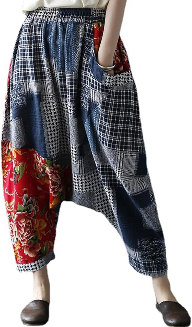 Women's Baggy Cotton Linen Wide Leg Trousers Casual Patchwork Elastic Waist Harem Pants