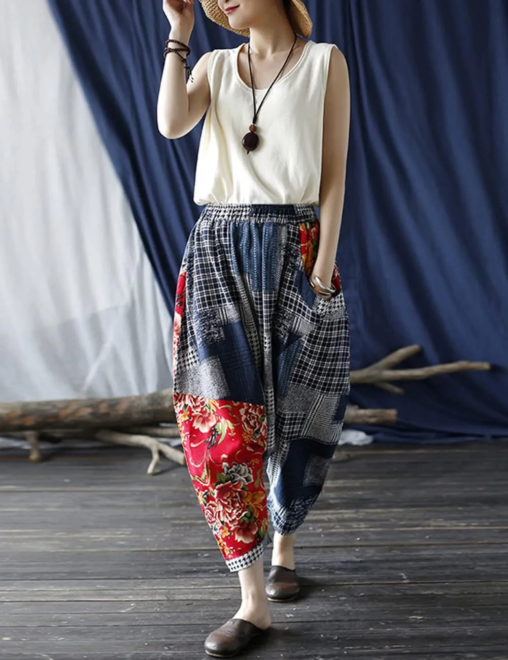 Women's Baggy Cotton Linen Wide Leg Trousers Casual Patchwork Elastic Waist Harem Pants