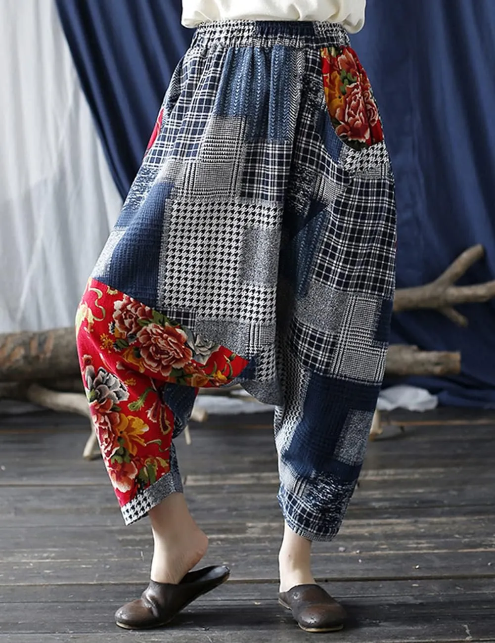 Women's Baggy Cotton Linen Wide Leg Trousers Casual Patchwork Elastic Waist Harem Pants