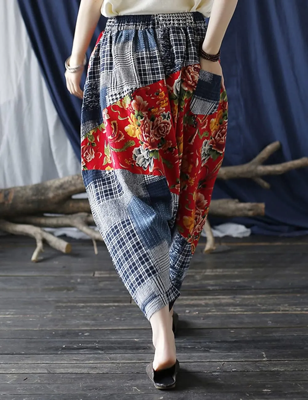 Women's Baggy Cotton Linen Wide Leg Trousers Casual Patchwork Elastic Waist Harem Pants