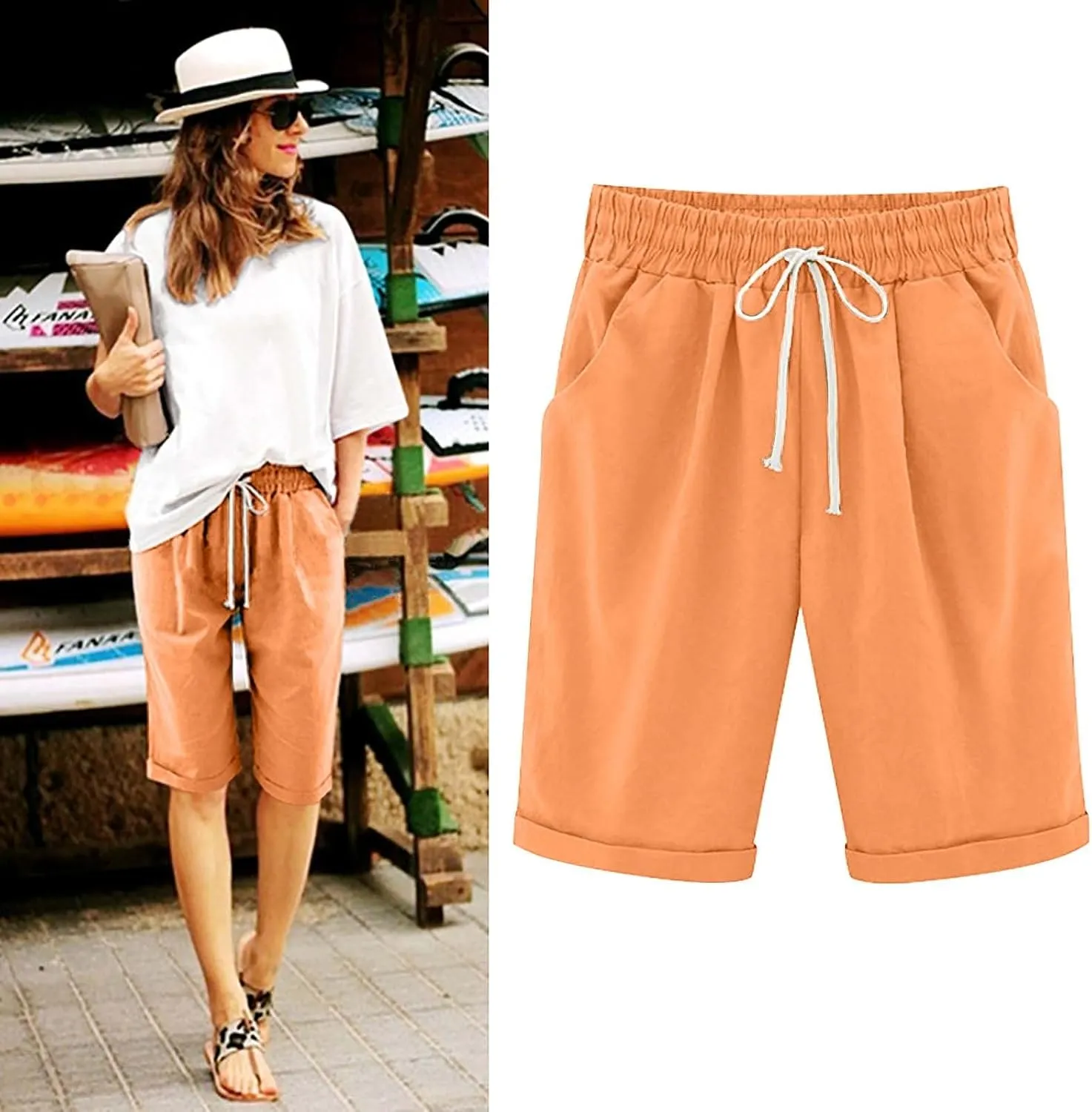 Womens Bermuda Shorts Summer Linen Knee Length Wide Leg Shorts Baggy Comfy High Waist Solid Short Pants with Pockets