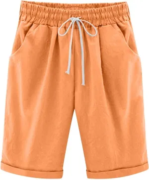 Womens Bermuda Shorts Summer Linen Knee Length Wide Leg Shorts Baggy Comfy High Waist Solid Short Pants with Pockets
