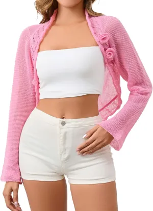 Women's Bolero Shrug Cropped Cardigan Long Sleeve Cute Y2K Tops Flower Open Front Knitted Sweaters