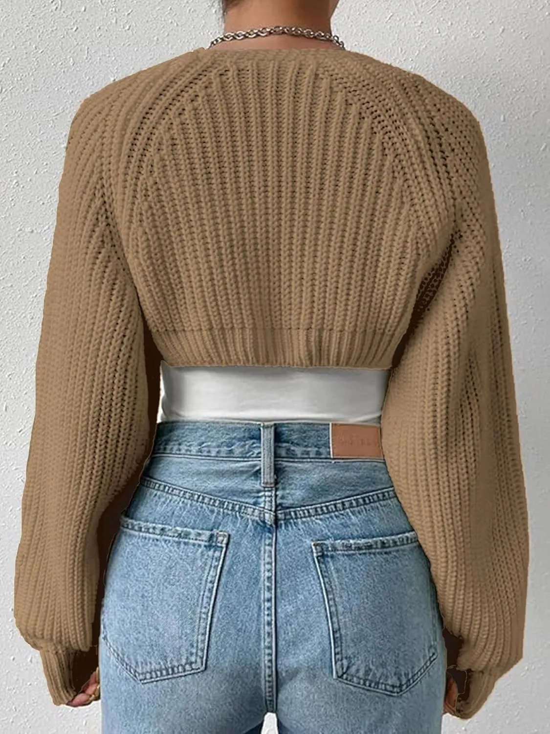 Women's Bolero Shrug Sweater Rib Knitted Long Sleeve Open Front Cropped Cardigan Y2K Tops
