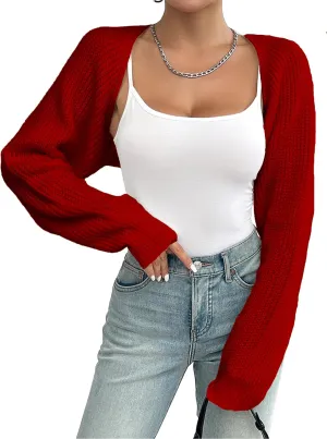 Women's Bolero Shrug Sweater Rib Knitted Long Sleeve Open Front Cropped Cardigan Y2K Tops