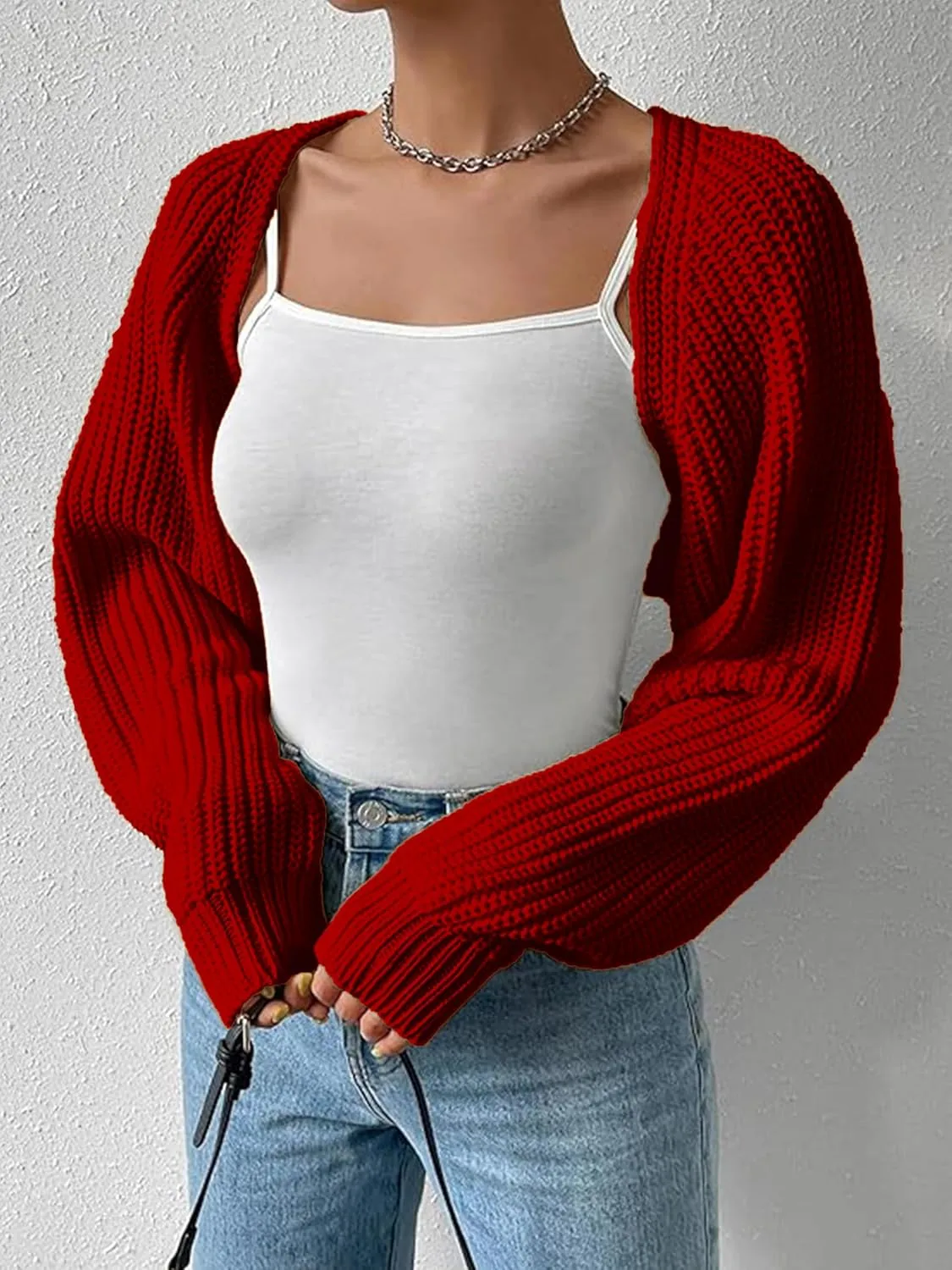 Women's Bolero Shrug Sweater Rib Knitted Long Sleeve Open Front Cropped Cardigan Y2K Tops