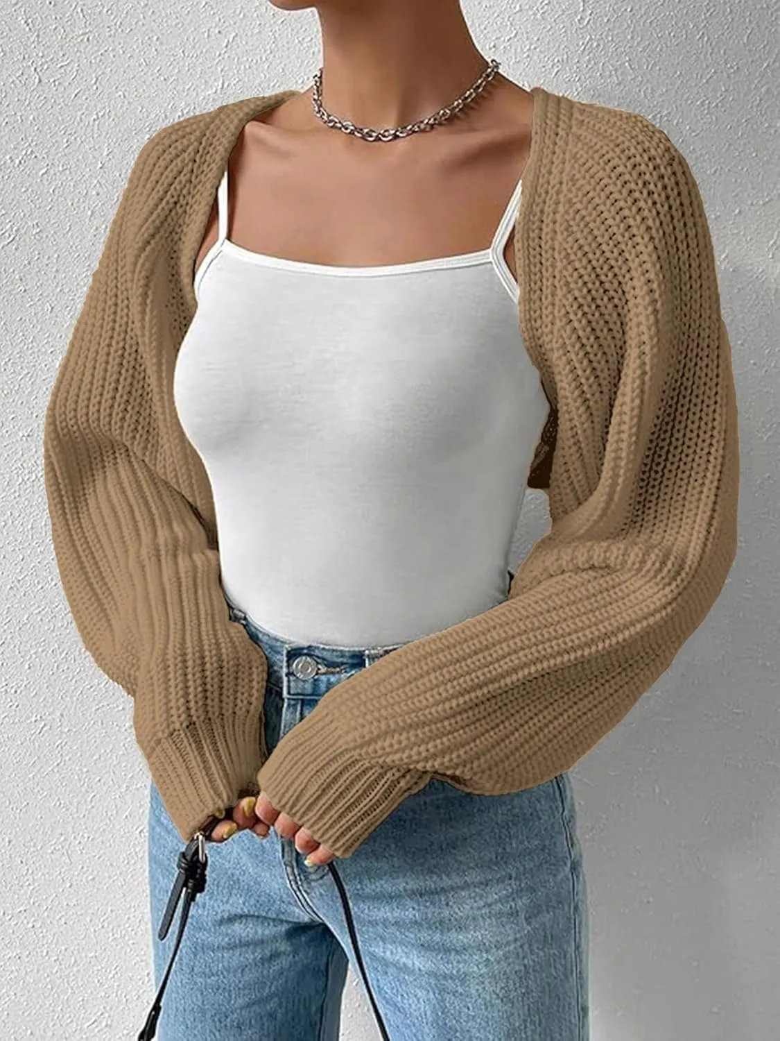 Women's Bolero Shrug Sweater Rib Knitted Long Sleeve Open Front Cropped Cardigan Y2K Tops
