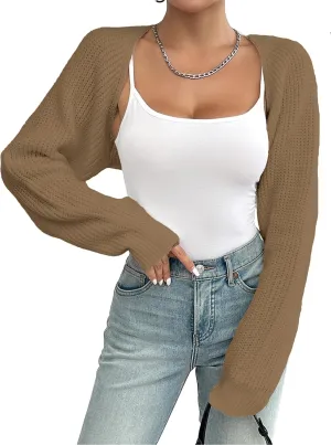 Women's Bolero Shrug Sweater Rib Knitted Long Sleeve Open Front Cropped Cardigan Y2K Tops
