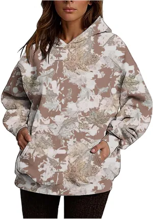 Womens Camo Hoodies Maple Leaf Print Fleece Pullover Oversized Sweatshirts Long Sleeve Sweater Tops with Pockets
