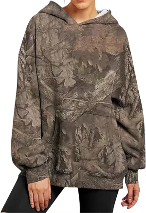 Womens Camo Hoodies Maple Leaf Print Oversized Hooded Sweatshirt Fleece Pullover Hoodies Y2K Sweatshirt with Pockets
