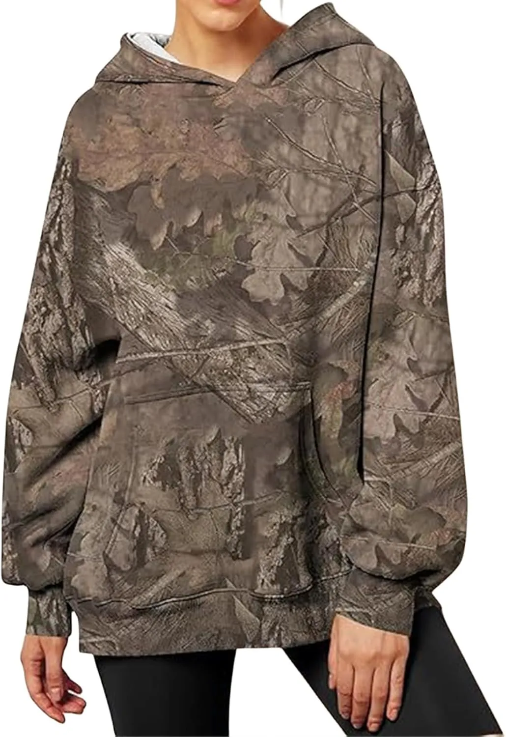 Womens Camo Hoodies Maple Leaf Print Oversized Hooded Sweatshirt Fleece Pullover Hoodies Y2K Sweatshirt with Pockets