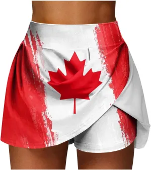 Womens Canada Flag Skorts,Satin Silk Mini Skirts for Women Vintage Maple Leaf Printed Tennis Skirts High Wasited Golf Skort
