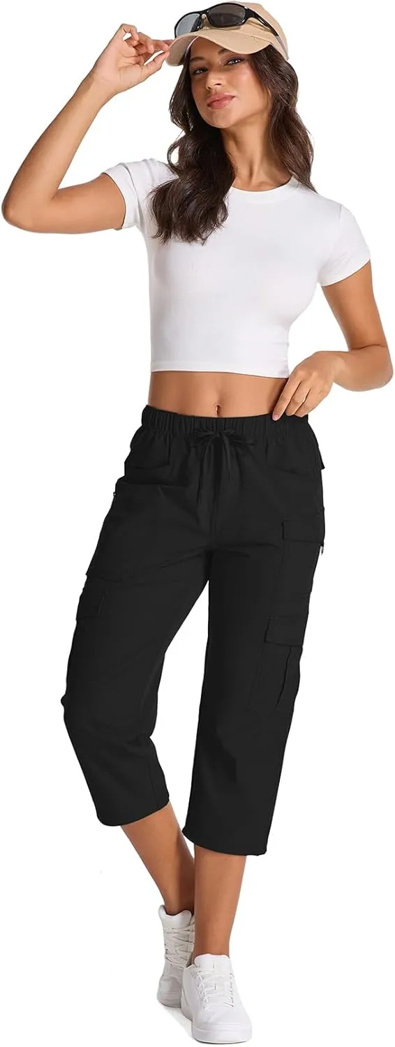 Womens Capris with Pockets Stretch Shorts Hiking Cargo Quick Dry Elastic Waist Long Shorts