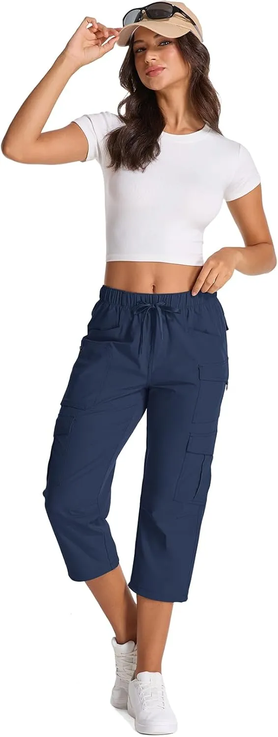Womens Capris with Pockets Stretch Shorts Hiking Cargo Quick Dry Elastic Waist Long Shorts
